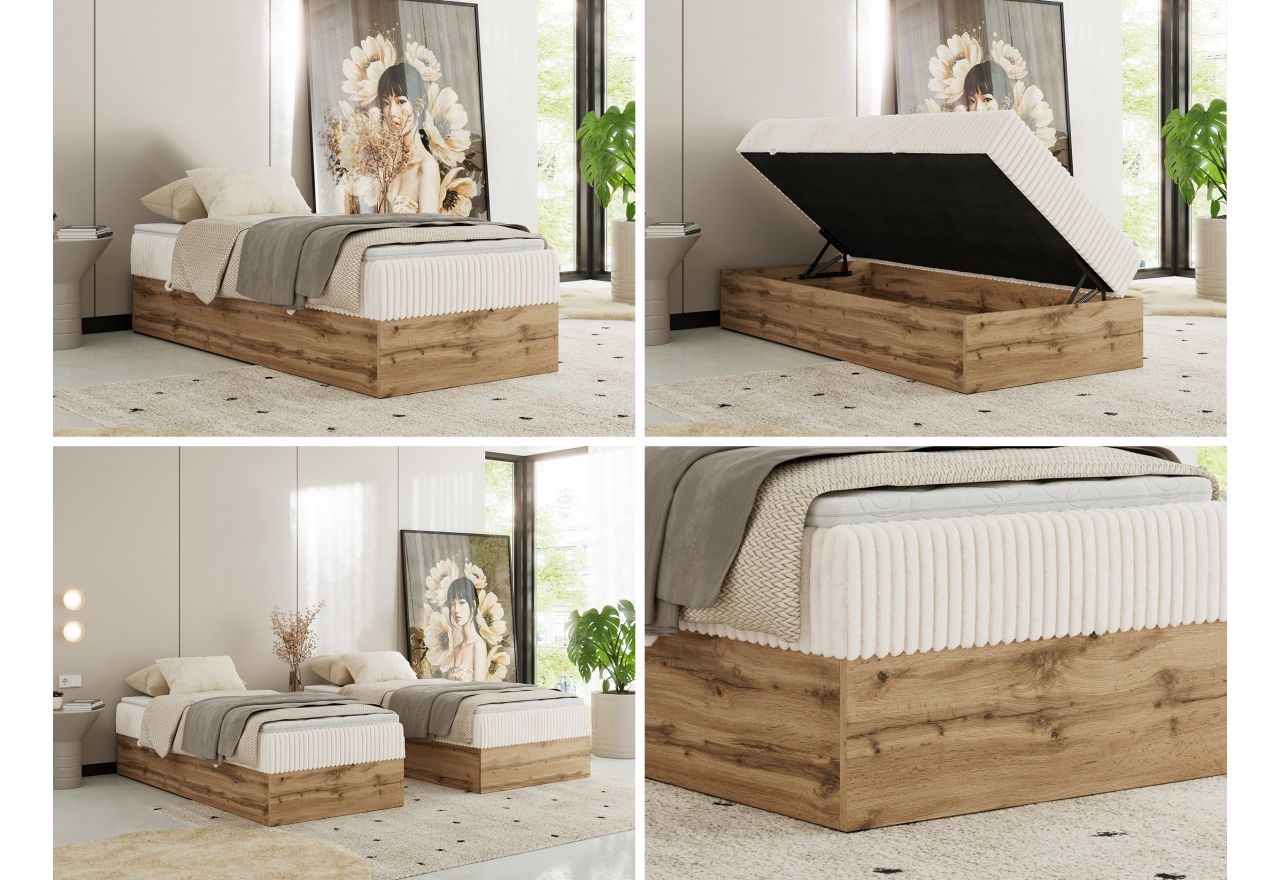 Łóżko kontynentalne WOOD ZERO 90x200 - H4 - beżowy, sztruks - topper T25