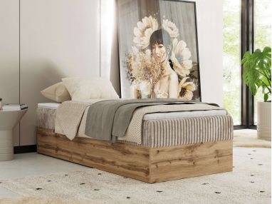 Łóżko kontynentalne WOOD ZERO 90x200 - H4 - jasnobrązowy, sztruks - topper T25