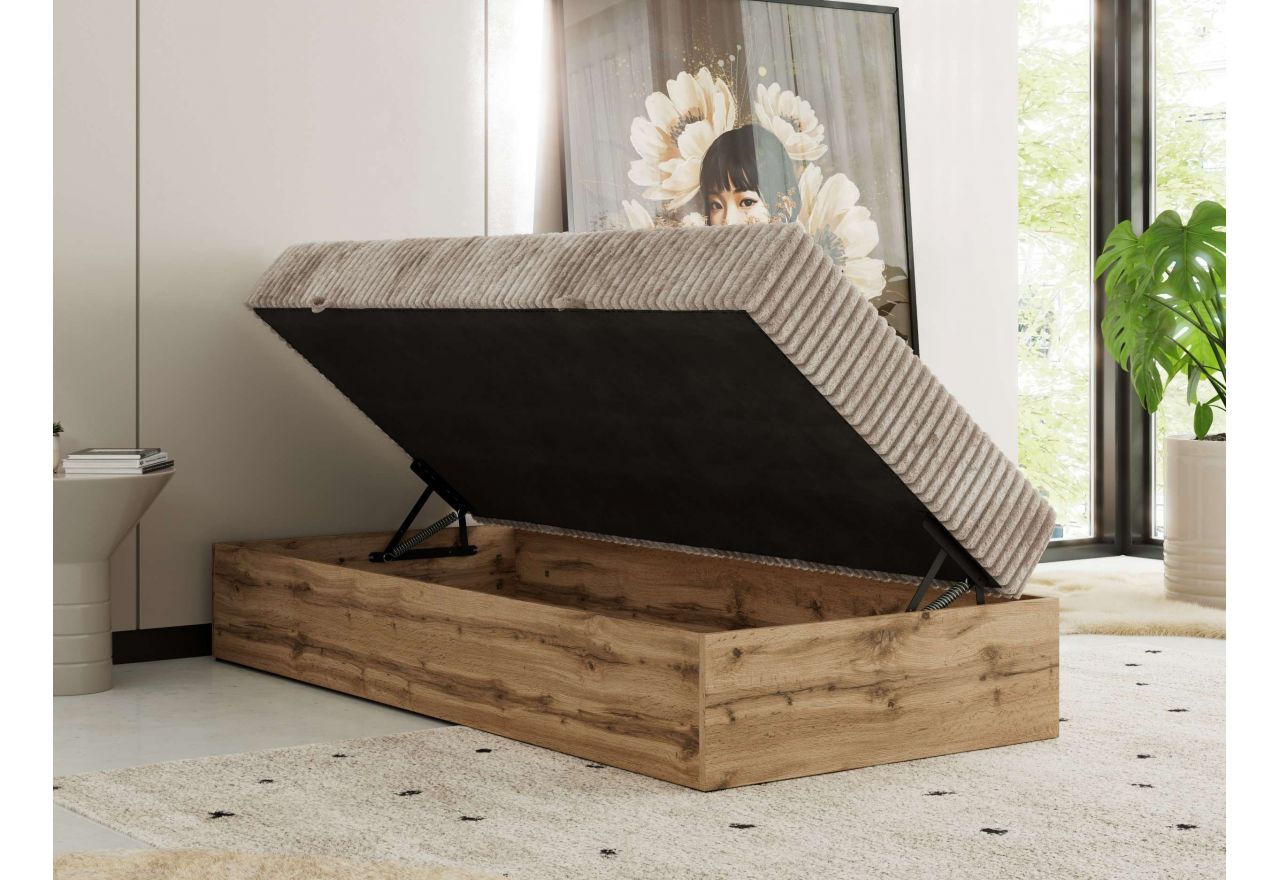 Łóżko kontynentalne WOOD ZERO 90x200 - H4 - jasnobrązowy, sztruks - topper T25