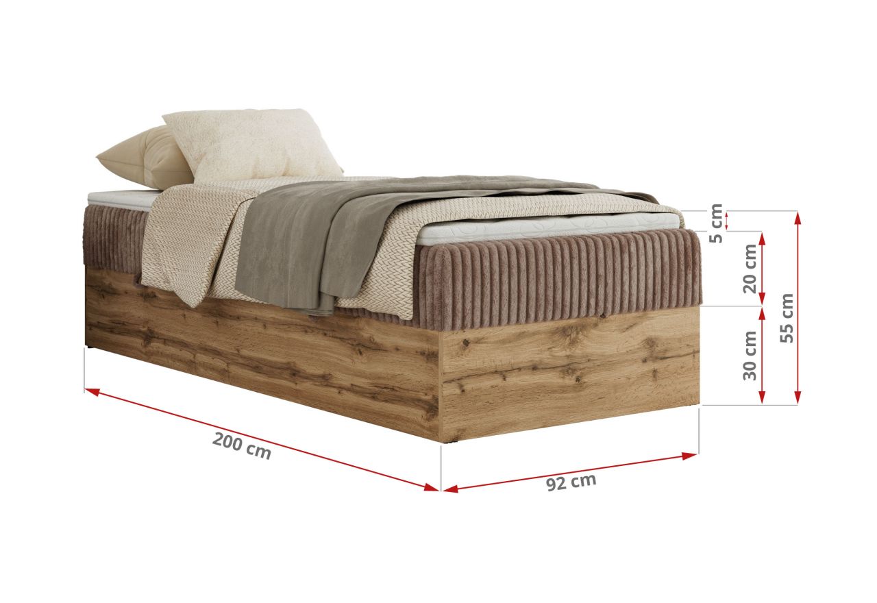 Łóżko kontynentalne WOOD ZERO 90x200 - H4 - brązowy, sztruks - topper T25