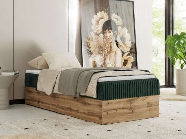 Łóżko kontynentalne WOOD ZERO 90x200 - H4 - ciemnozielony, sztruks - topper T25