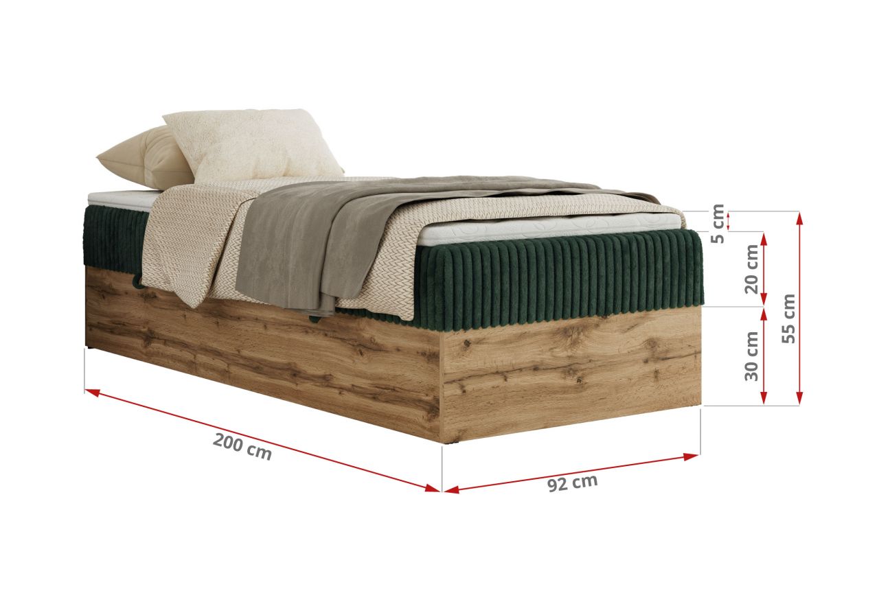Łóżko kontynentalne WOOD ZERO 90x200 - H4 - ciemnozielony, sztruks - topper T25