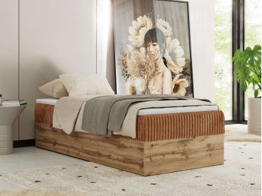 Łóżko kontynentalne WOOD ZERO 90x200 - H4 - pomarańczowy, sztruks - topper T25