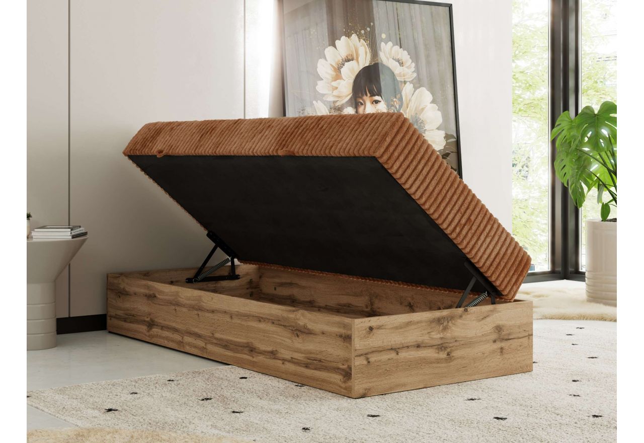 Łóżko kontynentalne WOOD ZERO 90x200 - H4 - pomarańczowy, sztruks - topper T25