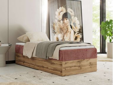 Łóżko kontynentalne WOOD ZERO 90x200 - H4 - różowy, sztruks - topper T25