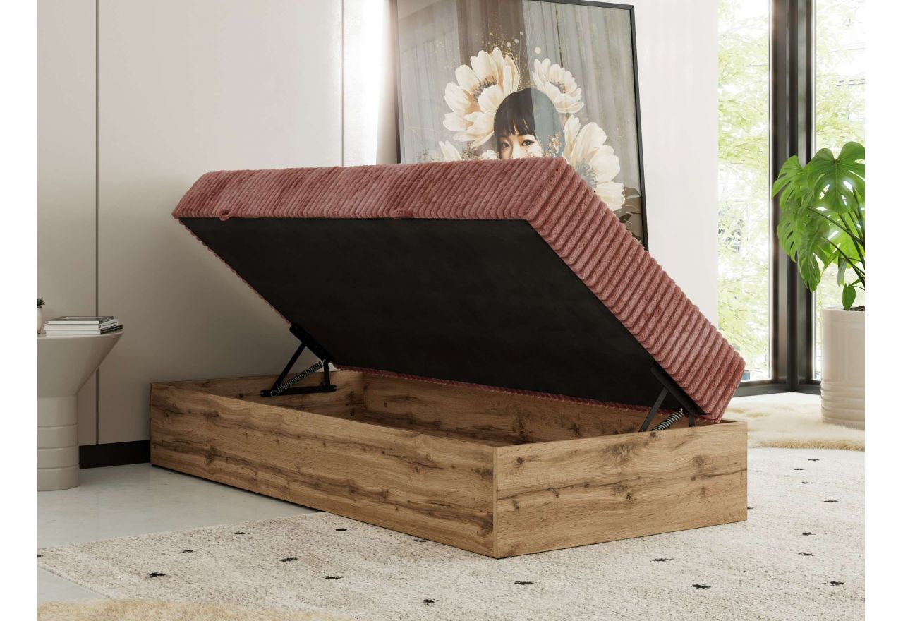 Łóżko kontynentalne WOOD ZERO 90x200 - H4 - różowy, sztruks - topper T25