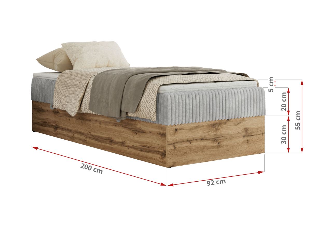 Łóżko kontynentalne WOOD ZERO 90x200 - H4 - jasnoszary, sztruks - topper T25