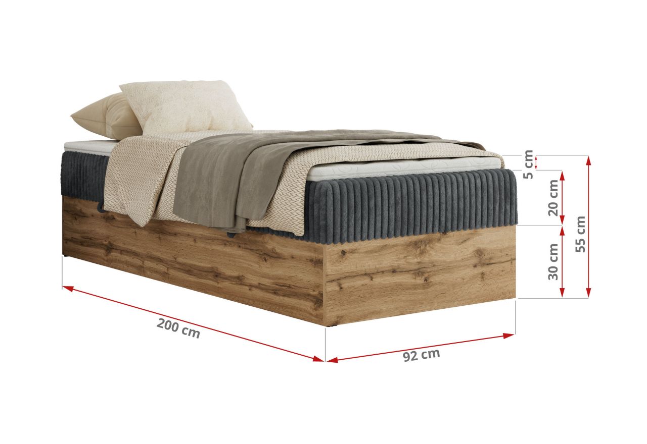 Łóżko kontynentalne WOOD ZERO 90x200 - H4 - szary, sztruks - topper T25