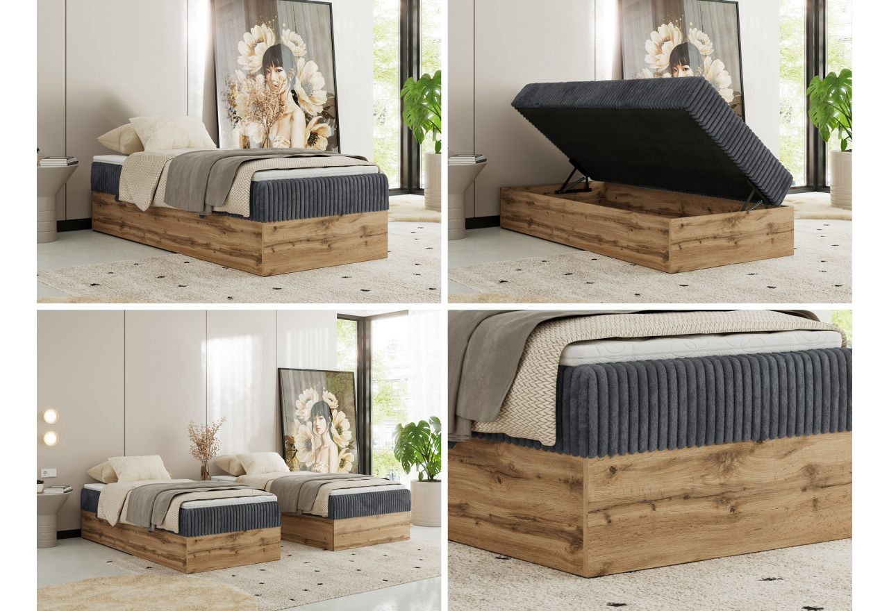 Łóżko kontynentalne WOOD ZERO 90x200 - H4 - szary, sztruks - topper T25