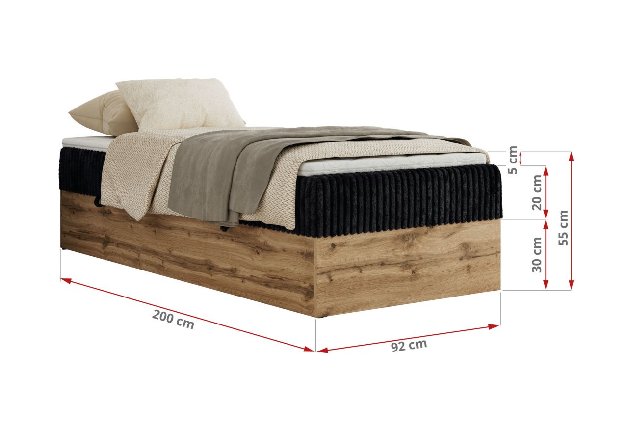 Łóżko kontynentalne WOOD ZERO 90x200 - H4 - czarny, sztruks - topper T25