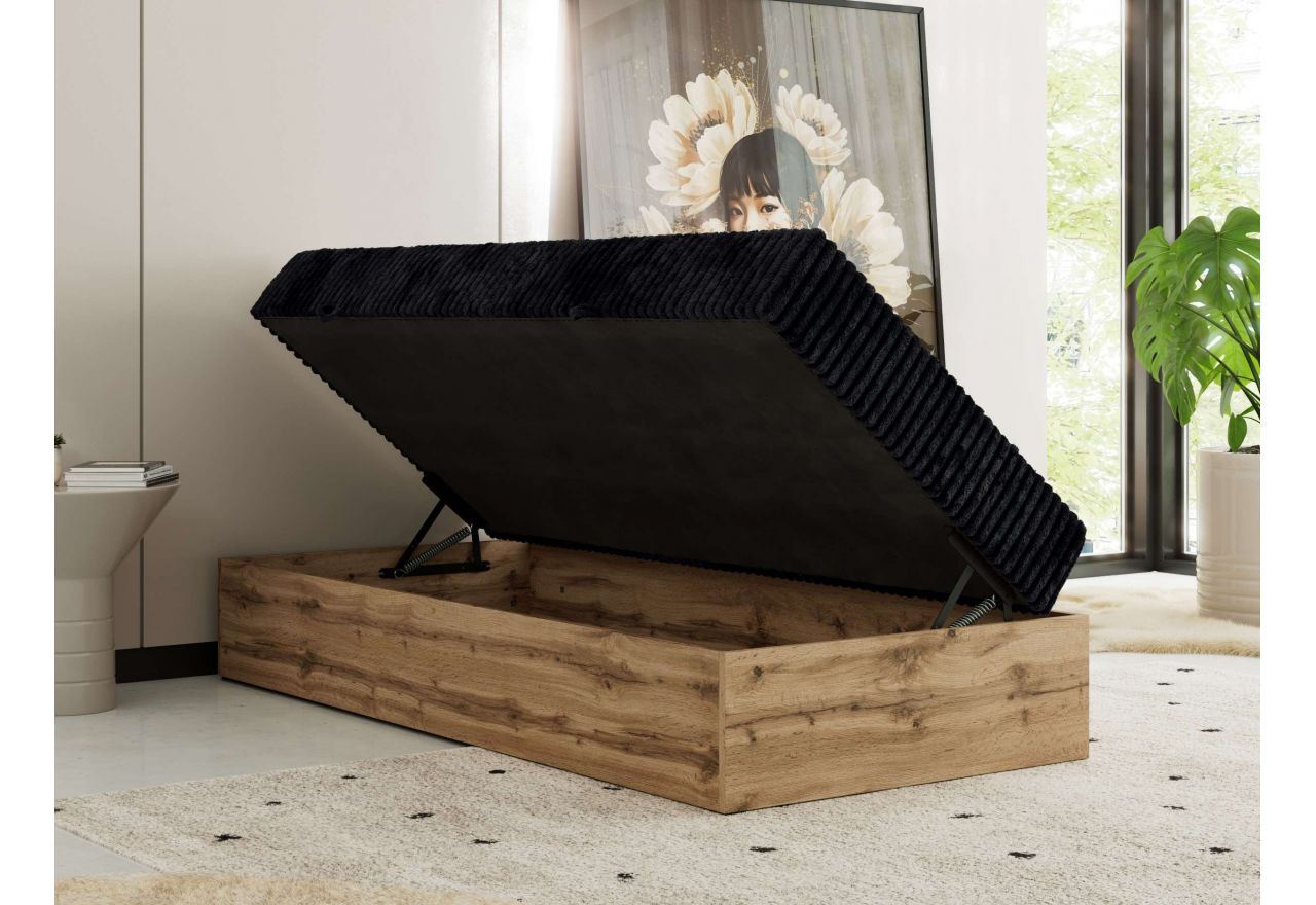 Łóżko kontynentalne WOOD ZERO 90x200 - H4 - czarny, sztruks - topper T25