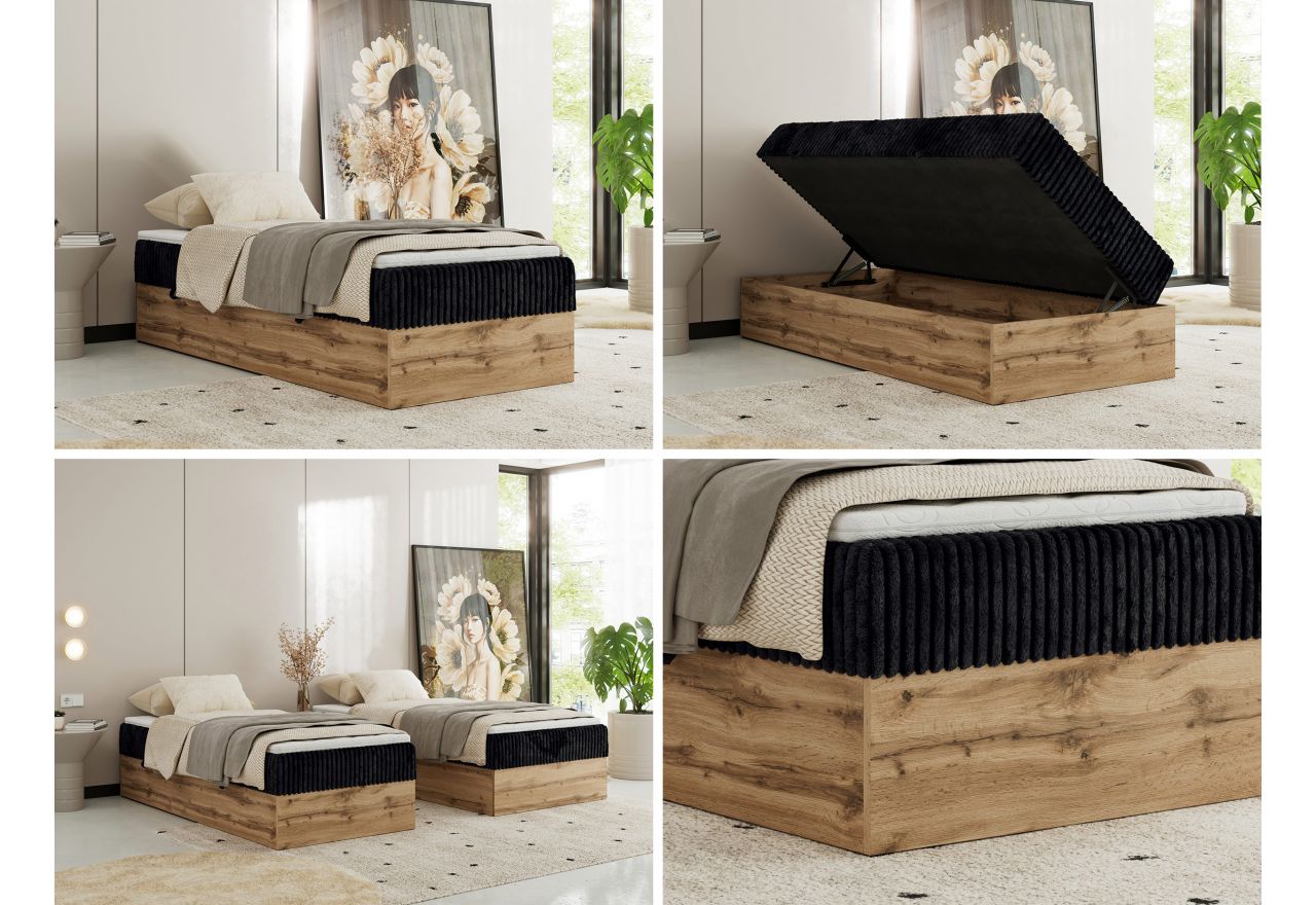 Łóżko kontynentalne WOOD ZERO 90x200 - H4 - czarny, sztruks - topper T25