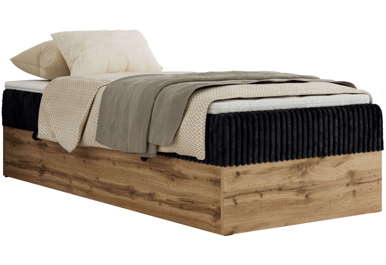 Łóżko kontynentalne WOOD ZERO 90x200 - H4 - czarny, sztruks - topper T25