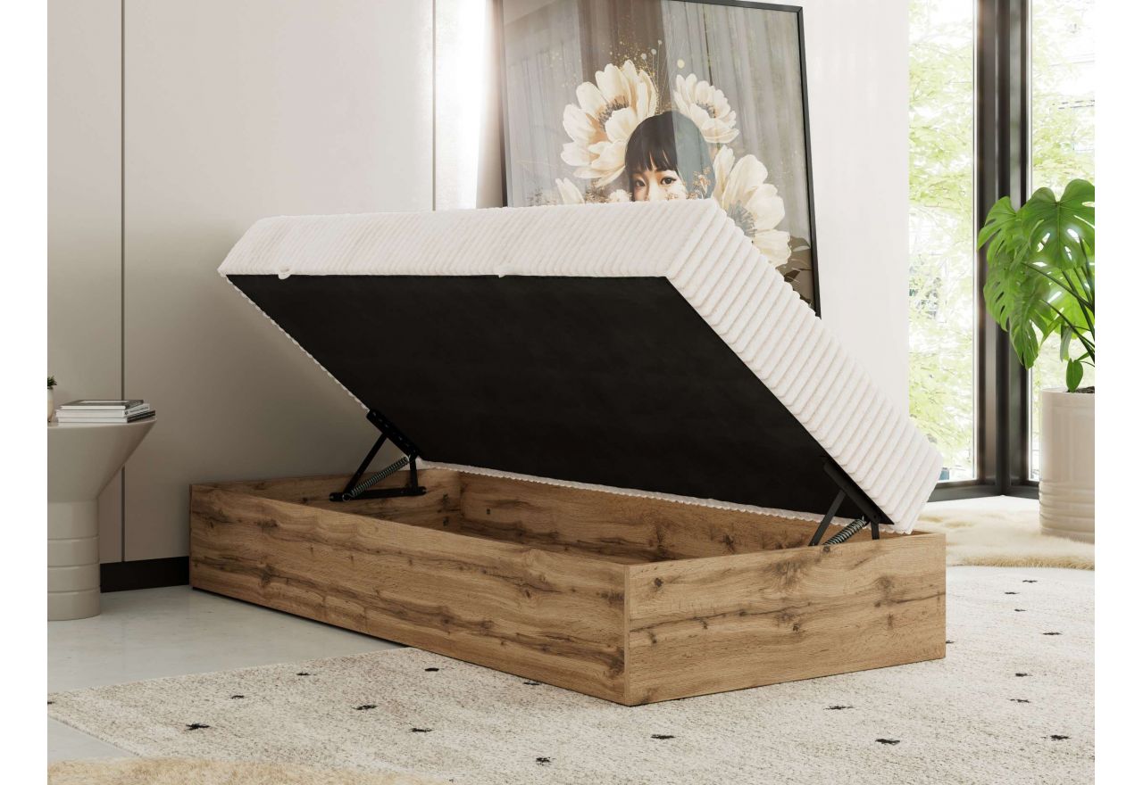 Łóżko kontynentalne WOOD ZERO 90x200 - H3 - beżowy, sztruks - topper Visco