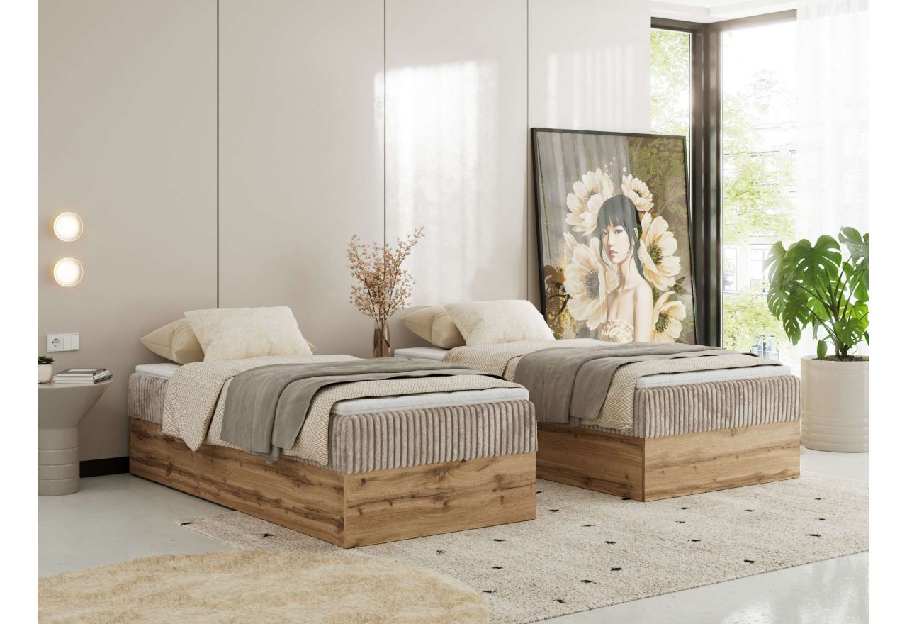 Łóżko kontynentalne WOOD ZERO 90x200 - H3 - jasnobrązowy, sztruks - topper Visco