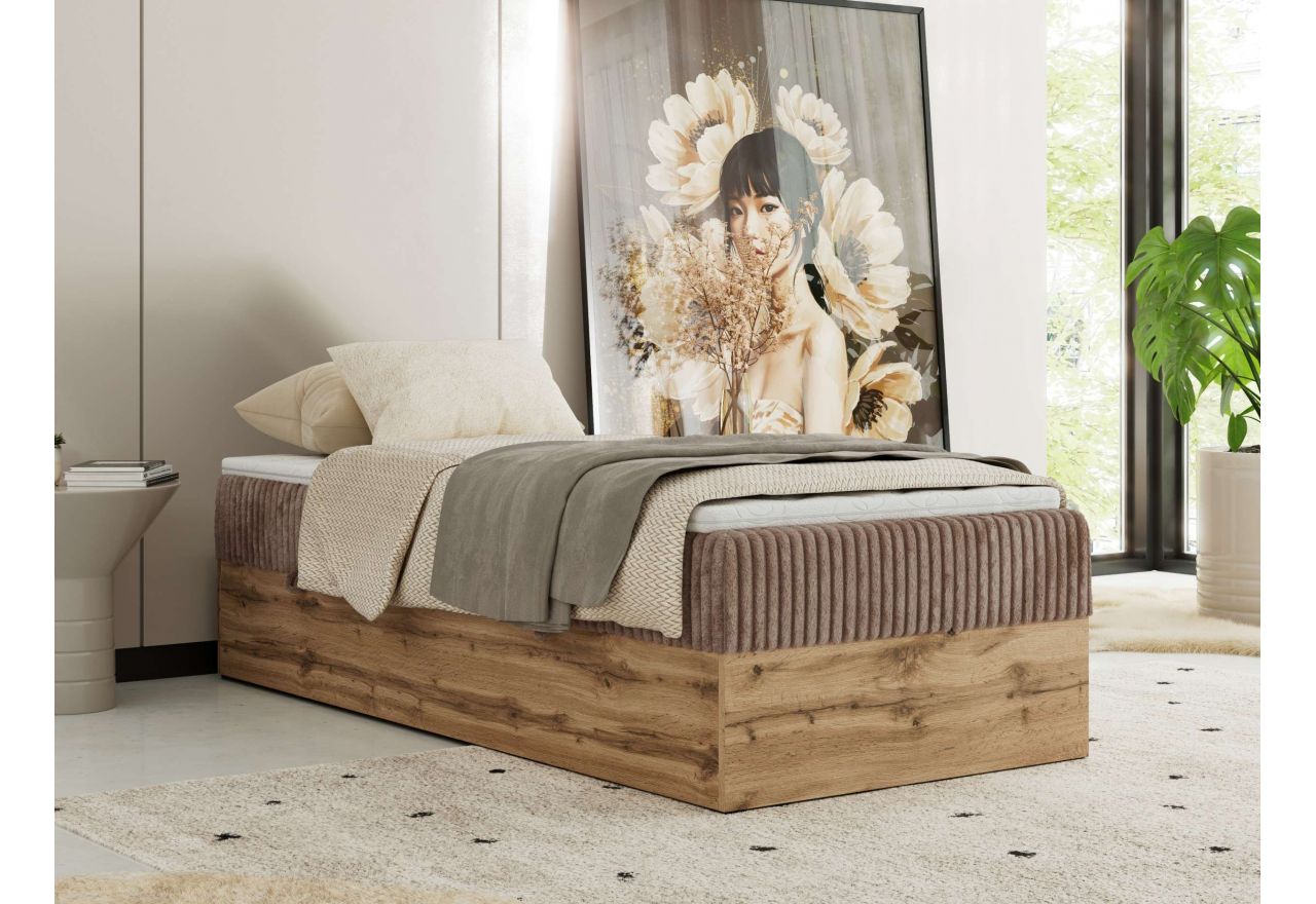 Łóżko kontynentalne WOOD ZERO 90x200 - H3 - brązowy, sztruks - topper Visco