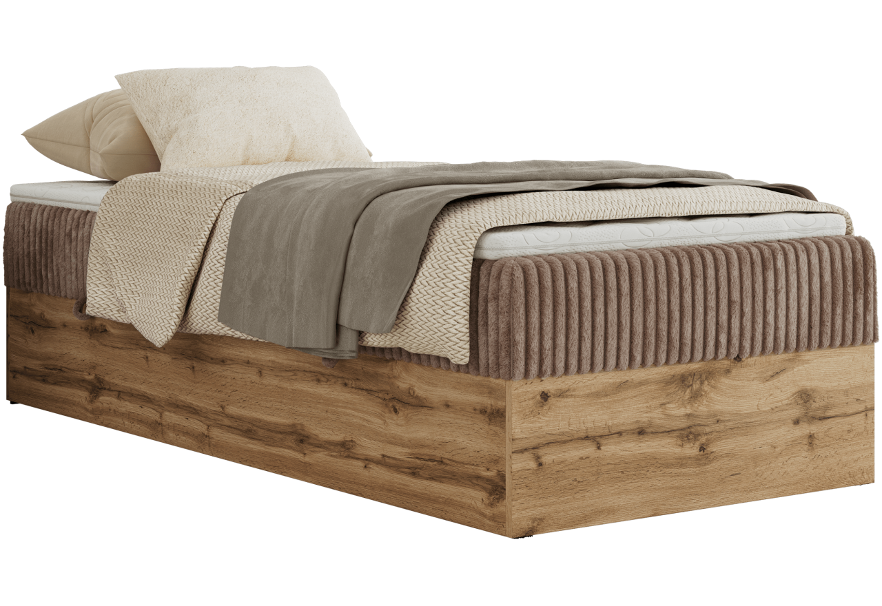 Łóżko kontynentalne WOOD ZERO 90x200 - H3 - brązowy, sztruks - topper Visco