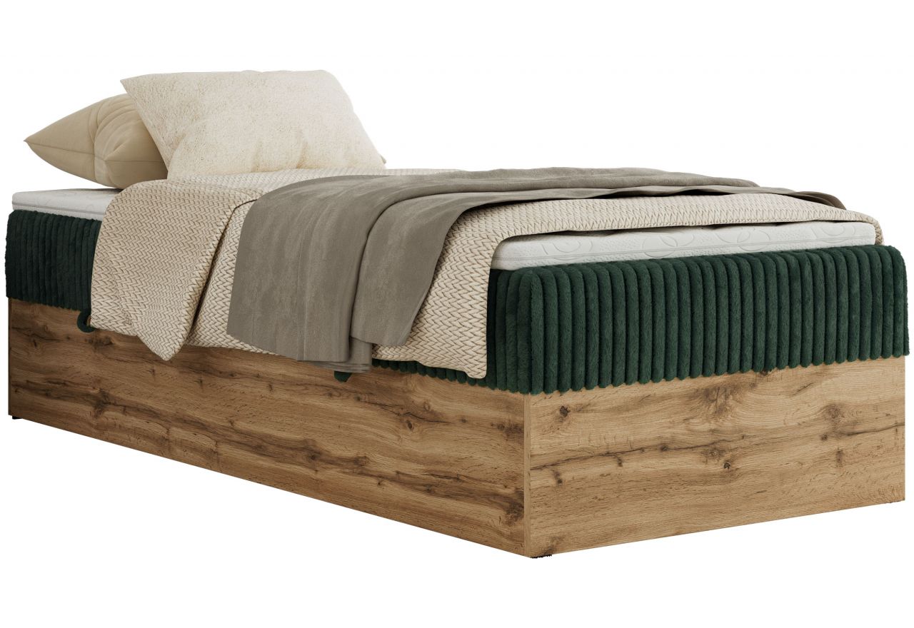 Łóżko kontynentalne WOOD ZERO 90x200 - H3 - ciemnozielony, sztruks - topper Visco