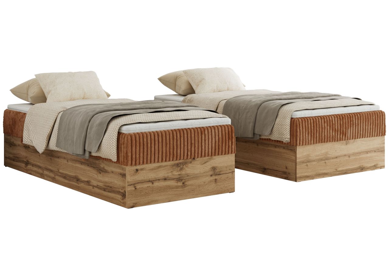 Łóżko kontynentalne WOOD ZERO 90x200 - H3 - pomarańczowy, sztruks - topper Visco