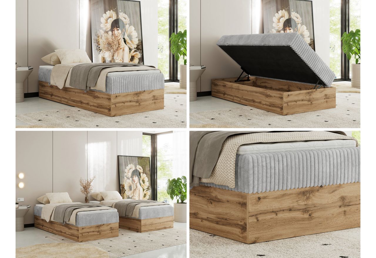 Łóżko kontynentalne WOOD ZERO 90x200 - H3 - jasnoszary, sztruks - topper Visco