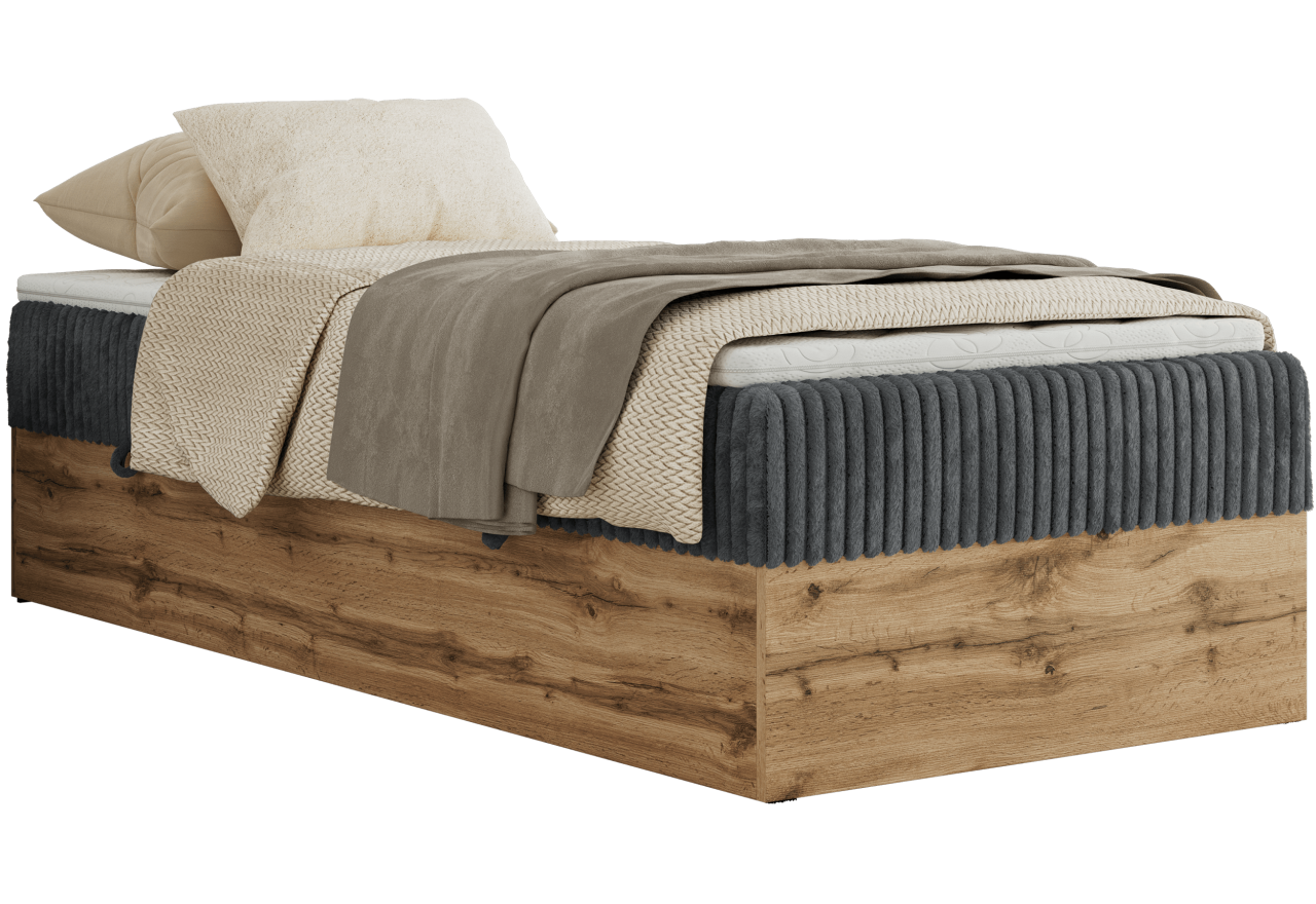 Łóżko kontynentalne WOOD ZERO 90x200 - H3 - szary, sztruks - topper Visco