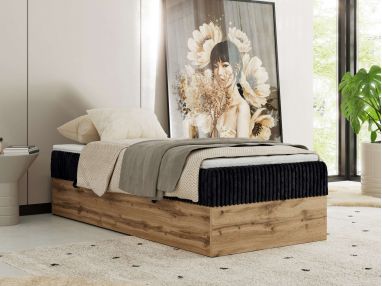 Łóżko kontynentalne WOOD ZERO 90x200 - H3 - czarny, sztruks - topper Visco