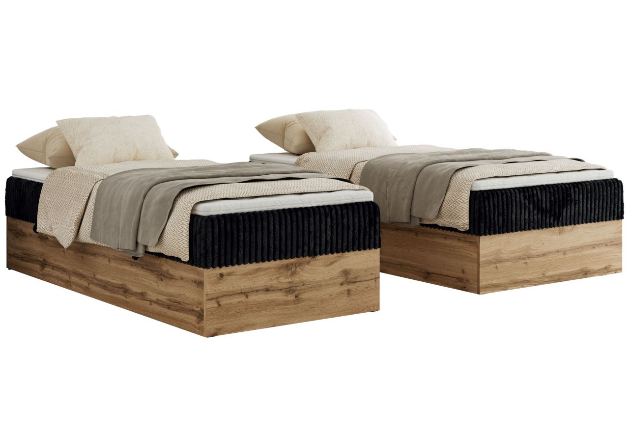 Łóżko kontynentalne WOOD ZERO 90x200 - H3 - czarny, sztruks - topper Visco