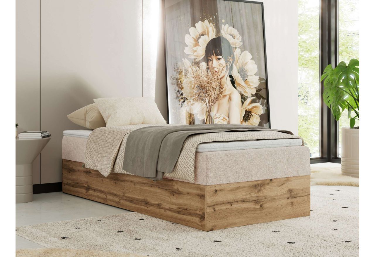 Łóżko kontynentalne WOOD ZERO 90x200 - H4 - kremowy, struktura - topper Visco