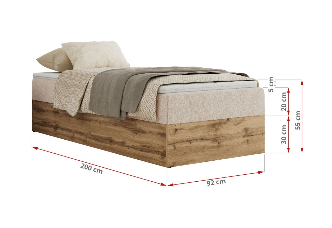 Łóżko kontynentalne WOOD ZERO 90x200 - H4 - kremowy, struktura - topper Visco