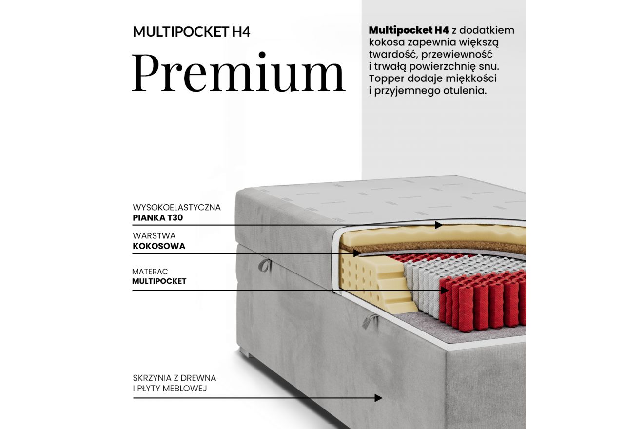 Łóżko kontynentalne WOOD ZERO 90x200 - H4 - kremowy, struktura - topper Visco