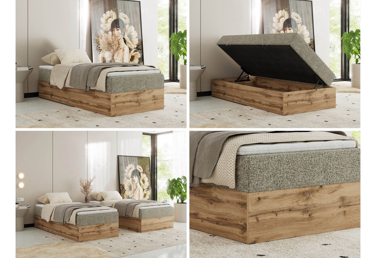 Łóżko kontynentalne WOOD ZERO 90x200 - H4 - szary, struktura - topper Visco