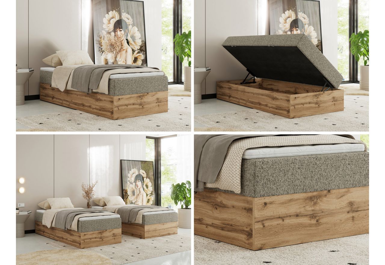 Łóżko kontynentalne WOOD ZERO 90x200 - H4 - ciemnobeżowy, struktura - topper Visco