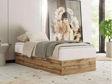 Łóżko kontynentalne WOOD ZERO 90x200 - H4 - beżowy, sztruks - topper Visco