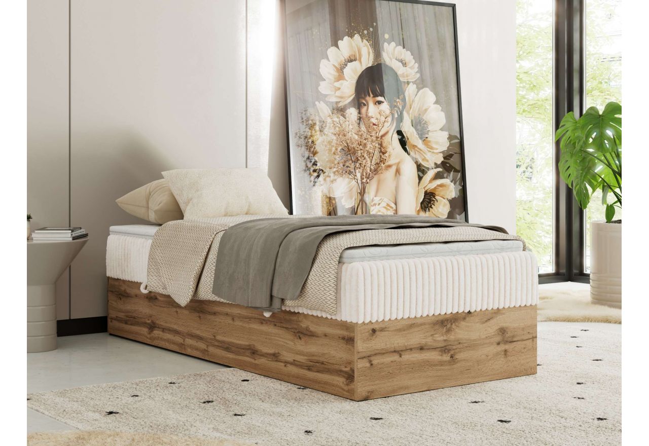 Łóżko kontynentalne WOOD ZERO 90x200 - H4 - beżowy, sztruks - topper Visco