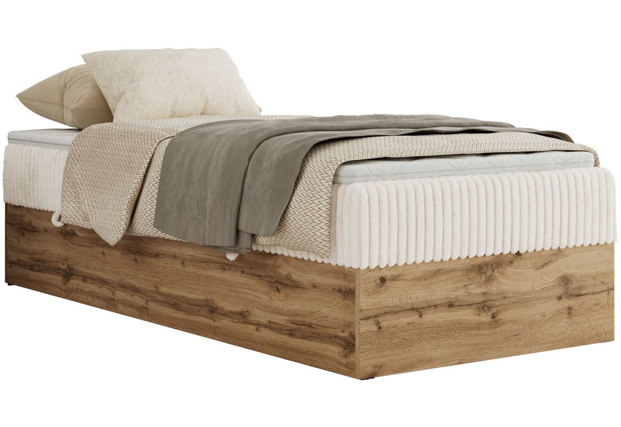 Łóżko kontynentalne WOOD ZERO 90x200 - H4 - beżowy, sztruks - topper Visco