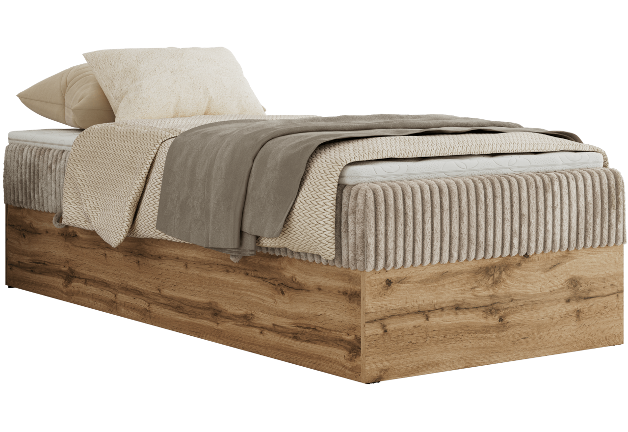 Łóżko kontynentalne WOOD ZERO 90x200 - H4 - jasnobrązowy, sztruks - topper Visco