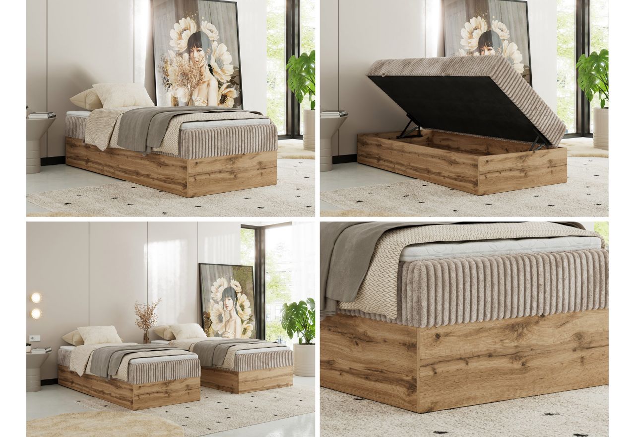 Łóżko kontynentalne WOOD ZERO 90x200 - H4 - jasnobrązowy, sztruks - topper Visco