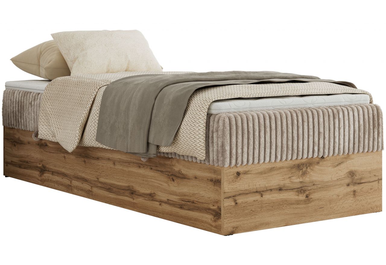 Łóżko kontynentalne WOOD ZERO 90x200 - H4 - jasnobrązowy, sztruks - topper Visco