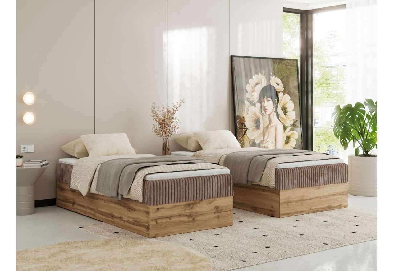 Łóżko kontynentalne WOOD ZERO 90x200 - H4 - brązowy, sztruks - topper Visco