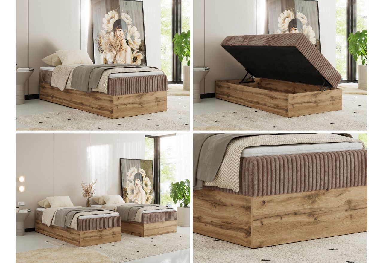 Łóżko kontynentalne WOOD ZERO 90x200 - H4 - brązowy, sztruks - topper Visco