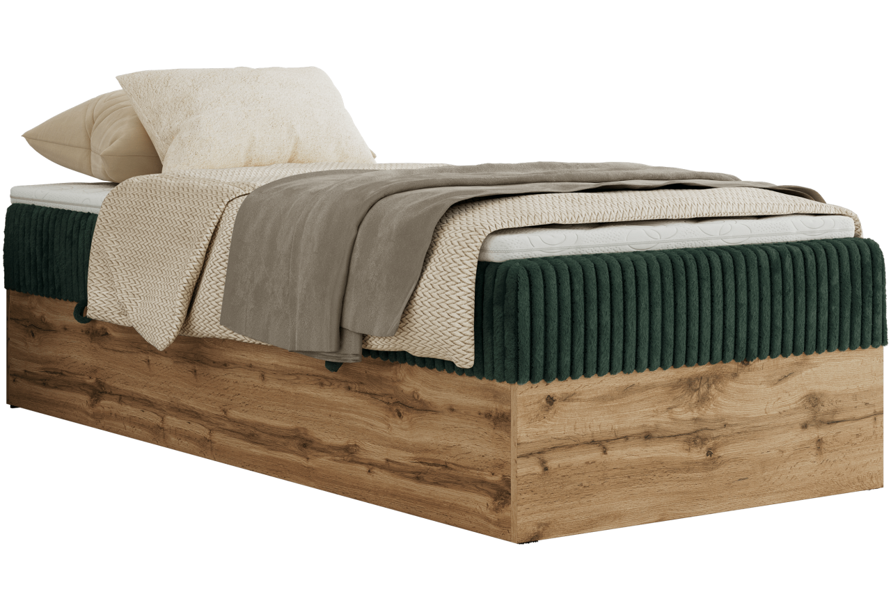Łóżko kontynentalne WOOD ZERO 90x200 - H4 - ciemnozielony, sztruks - topper Visco
