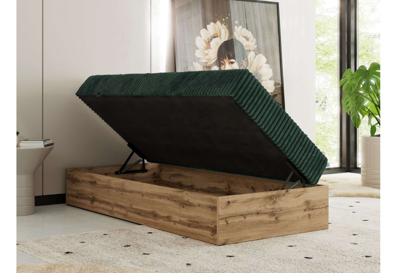 Łóżko kontynentalne WOOD ZERO 90x200 - H4 - ciemnozielony, sztruks - topper Visco