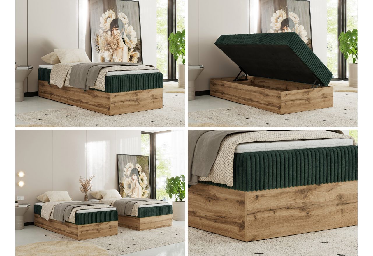 Łóżko kontynentalne WOOD ZERO 90x200 - H4 - ciemnozielony, sztruks - topper Visco