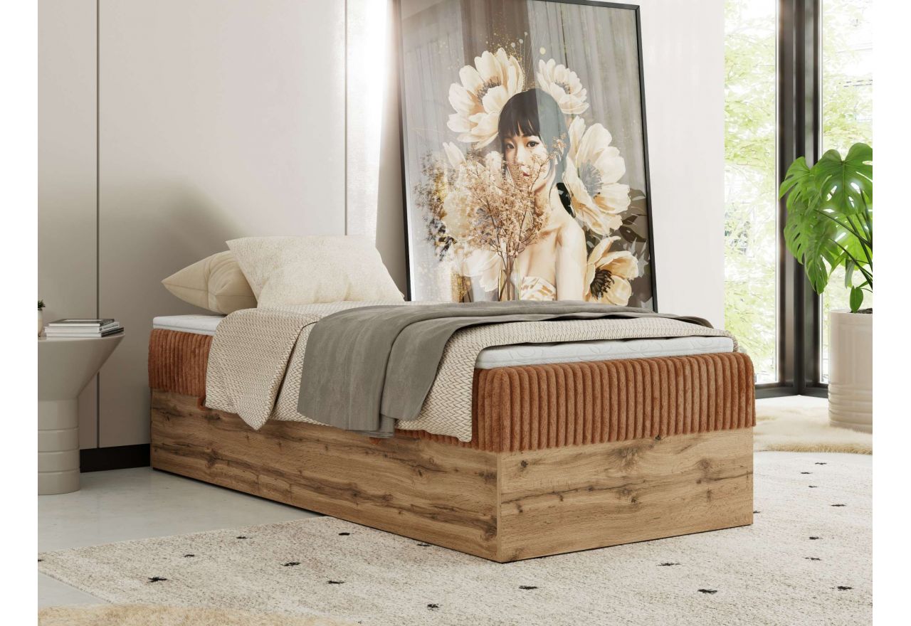 Łóżko kontynentalne WOOD ZERO 90x200 - H4 - pomarańczowy, sztruks - topper Visco