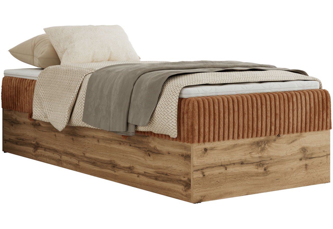 Łóżko kontynentalne WOOD ZERO 90x200 - H4 - pomarańczowy, sztruks - topper Visco