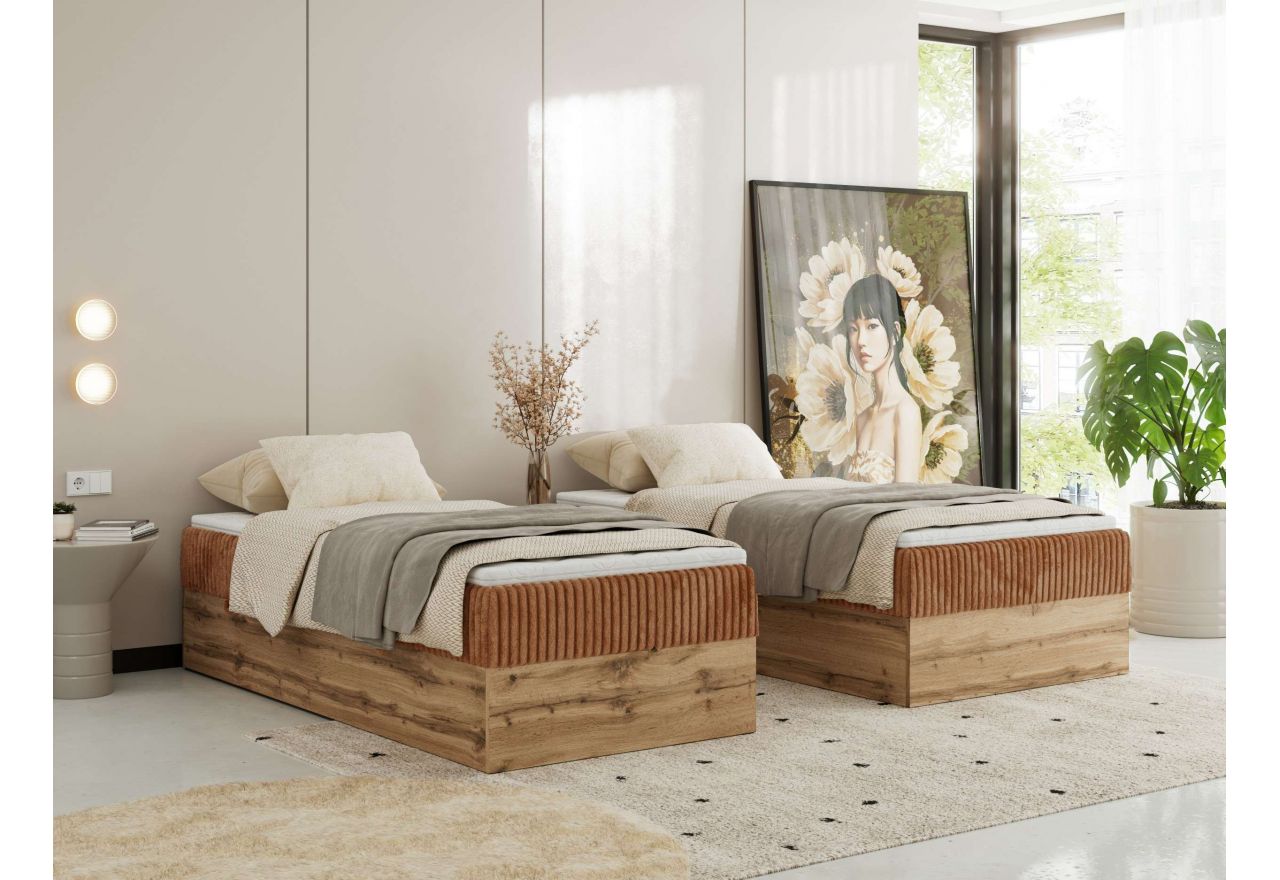 Łóżko kontynentalne WOOD ZERO 90x200 - H4 - pomarańczowy, sztruks - topper Visco