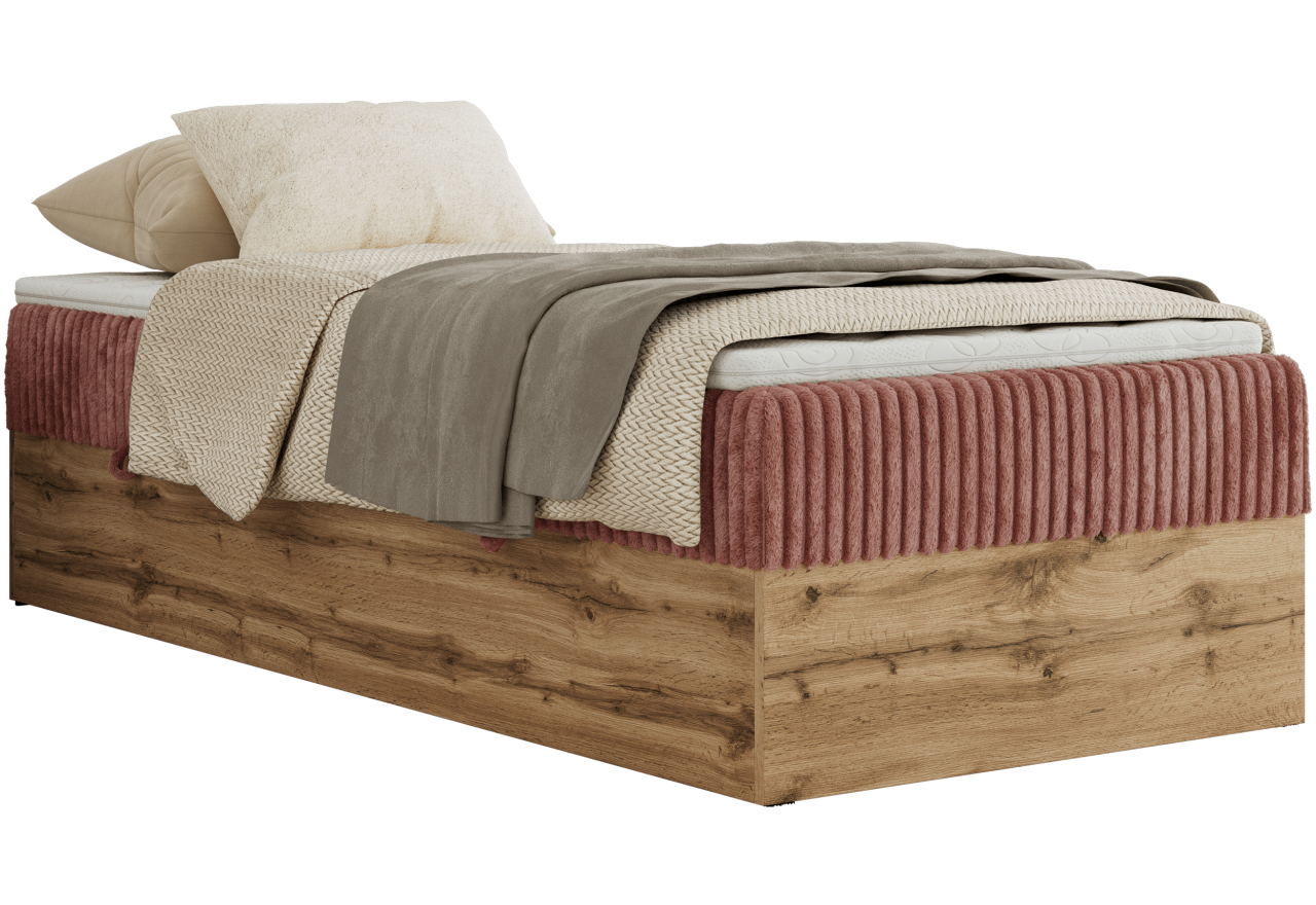 Łóżko kontynentalne WOOD ZERO 90x200 - H4 - różowy, sztruks - topper Visco