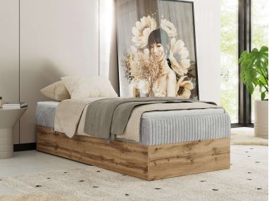 Łóżko kontynentalne WOOD ZERO 90x200 - H4 - jasnoszary, sztruks - topper Visco