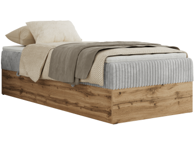 Łóżko kontynentalne WOOD ZERO 90x200 - H4 - jasnoszary, sztruks - topper Visco