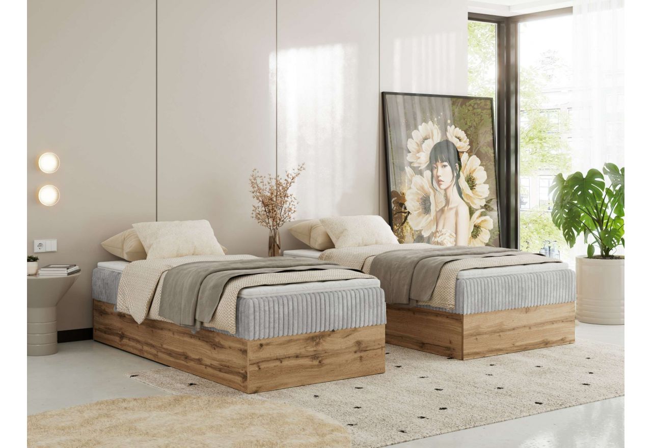 Łóżko kontynentalne WOOD ZERO 90x200 - H4 - jasnoszary, sztruks - topper Visco